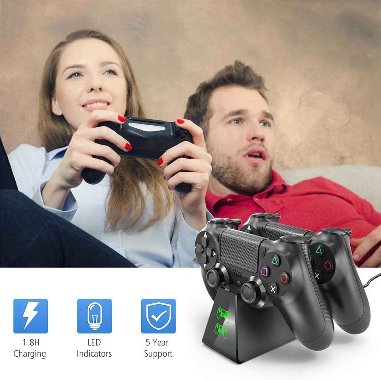 PS4 Dual Controller Charging Dock with Charging Status Display Screen - Compatible with PS4 Slim / PS4 Pro Controller - Green+Red Indicator