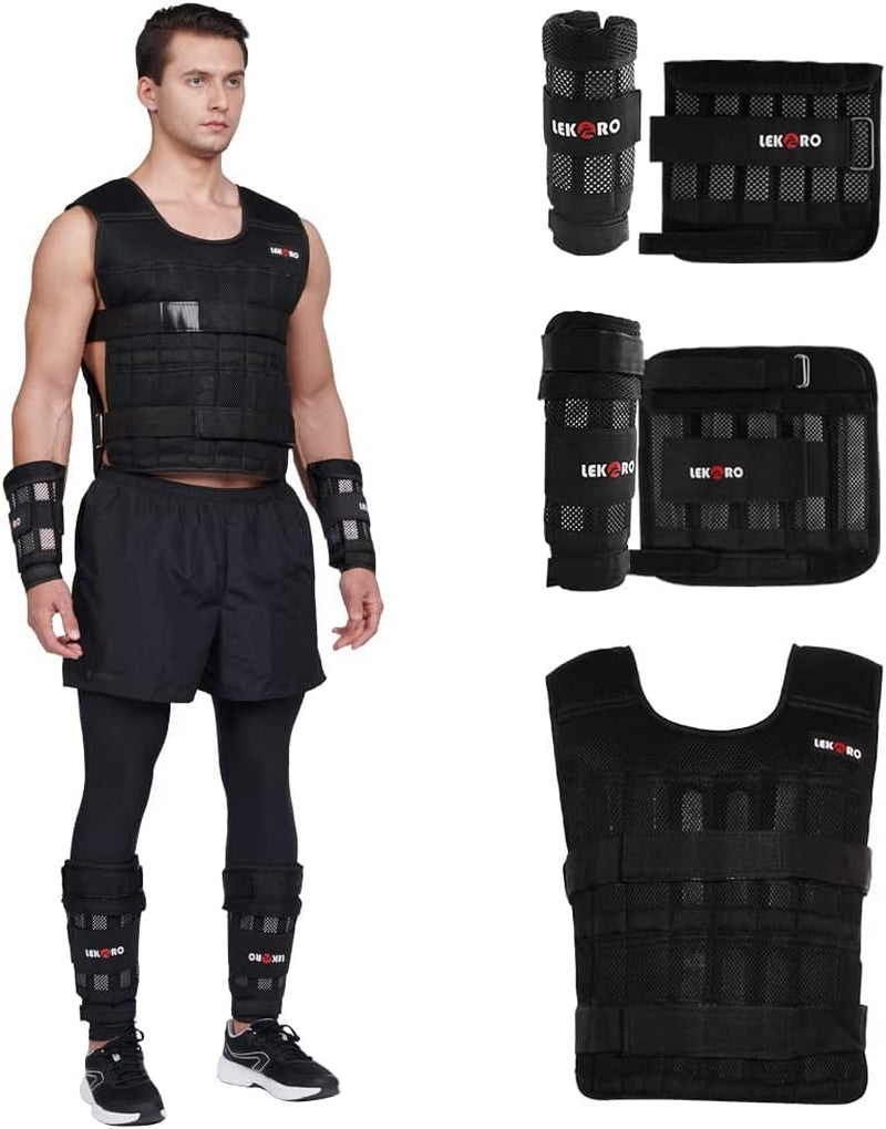 Complete Adjustable Weighted Vest Set with Arm and Leg Weights for Weight Training Workouts - Includes Jacket, Wrist Weights, Ankle Weights, and 96-100 Steel Plates