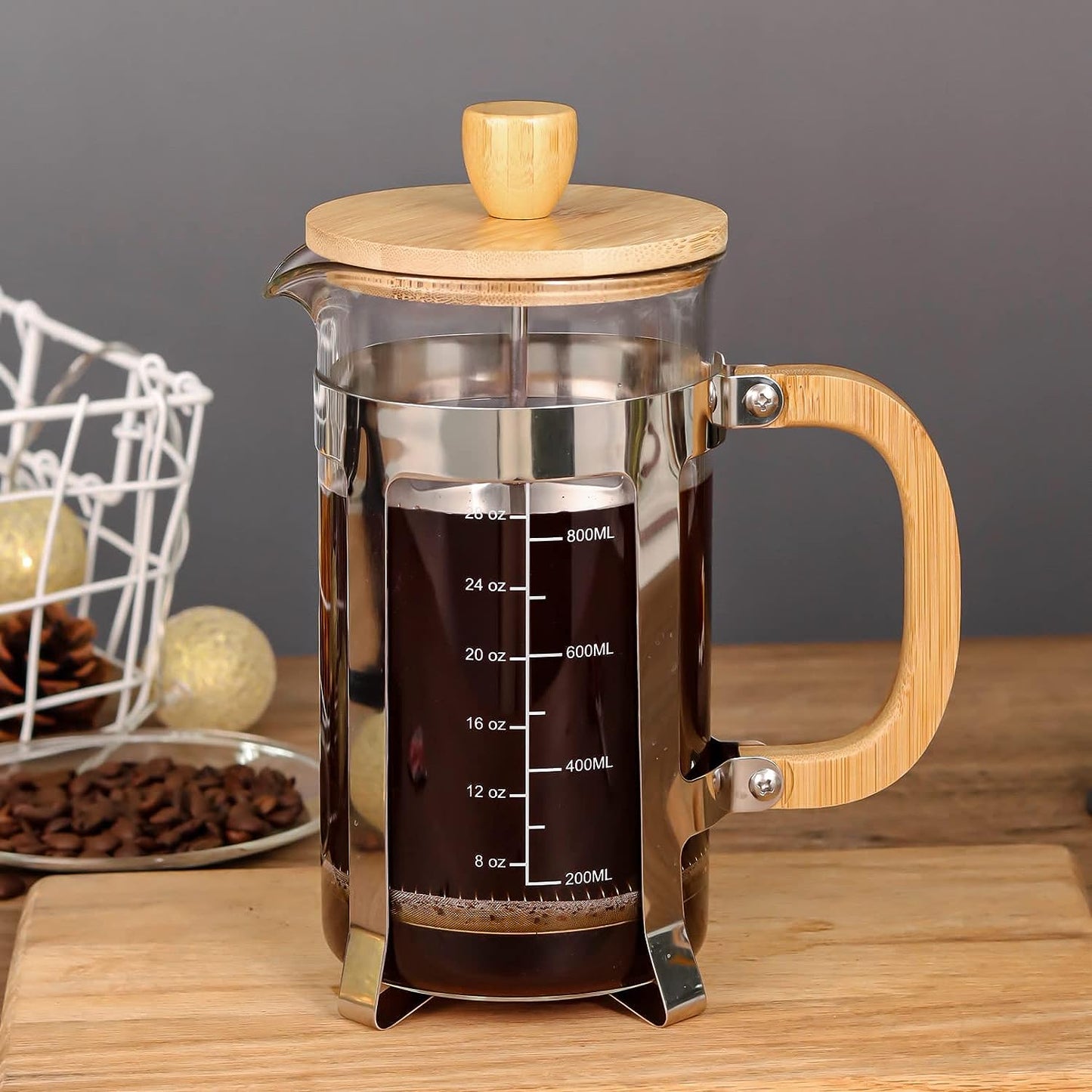 French Press Coffee Maker - 34 oz Capacity - Made from High Borosilicate Glass - Features a Durable Bamboo Handle - Portable Brewer for Coffee and Tea - Generous 1000ml Size.