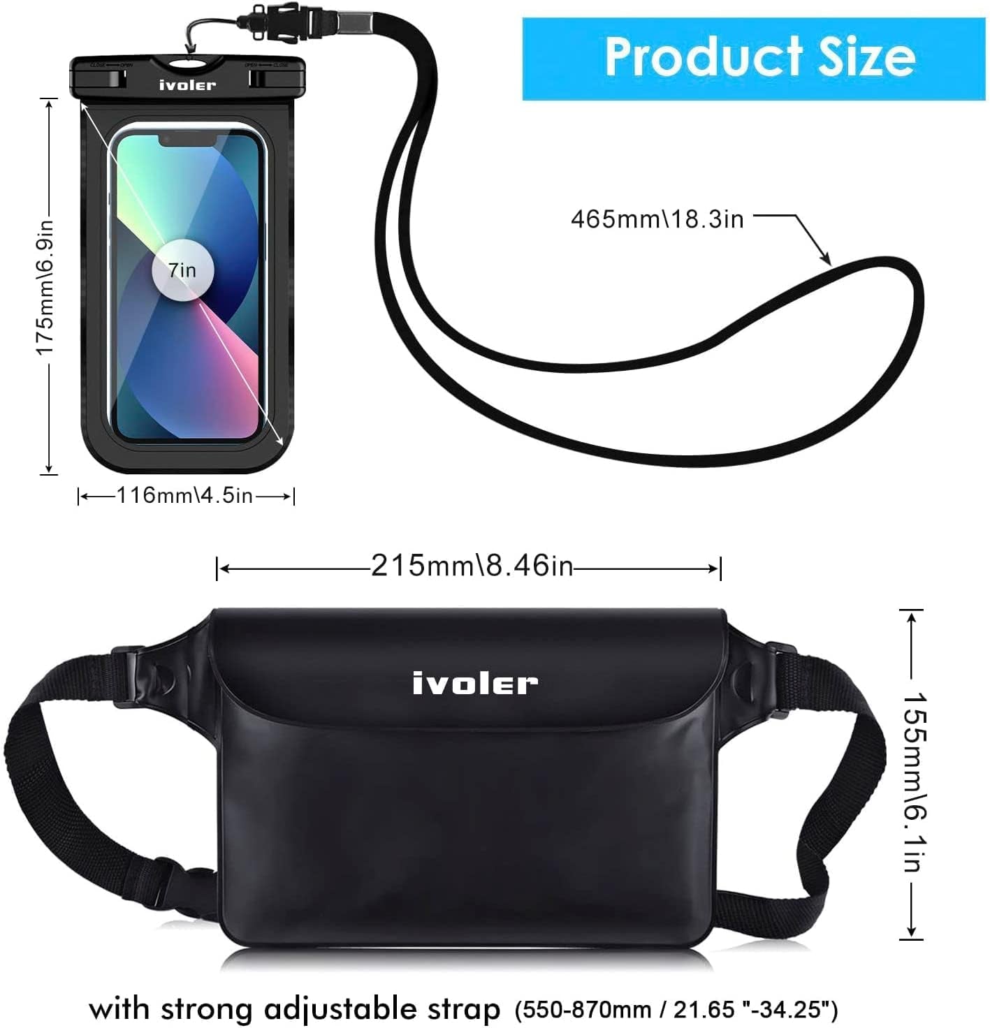 Waterproof Pouch Bag with Phone Case - Ultra Clear Waterproof Pouch Phone Dry Bag for Devices Under 6.5 inches - Long Adjustable Waist Strap for Outdoor Water Sports, Fishing, Swimming, Boating, Kayaking, and Hiking