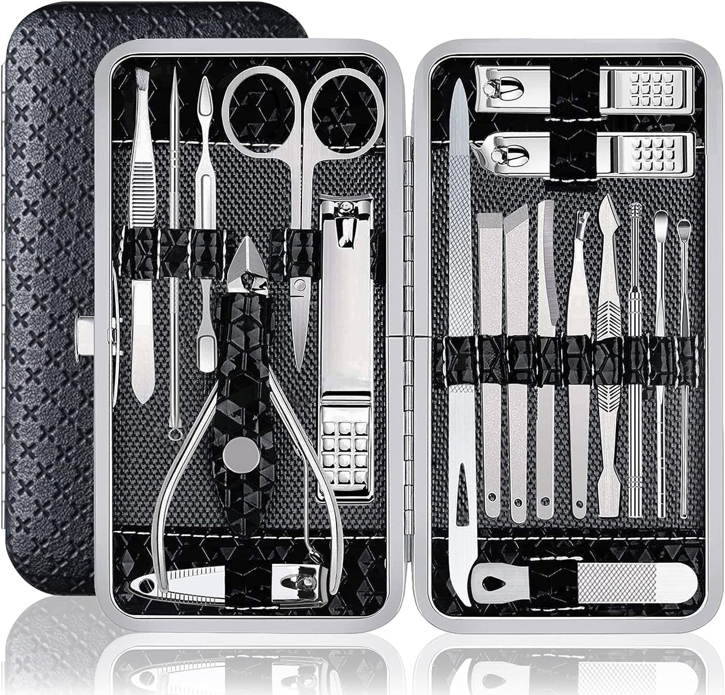 Professional Stainless Steel Manicure Set - Complete Nail Grooming Kit for Women and Men - Travel-friendly (19pcs, Black)