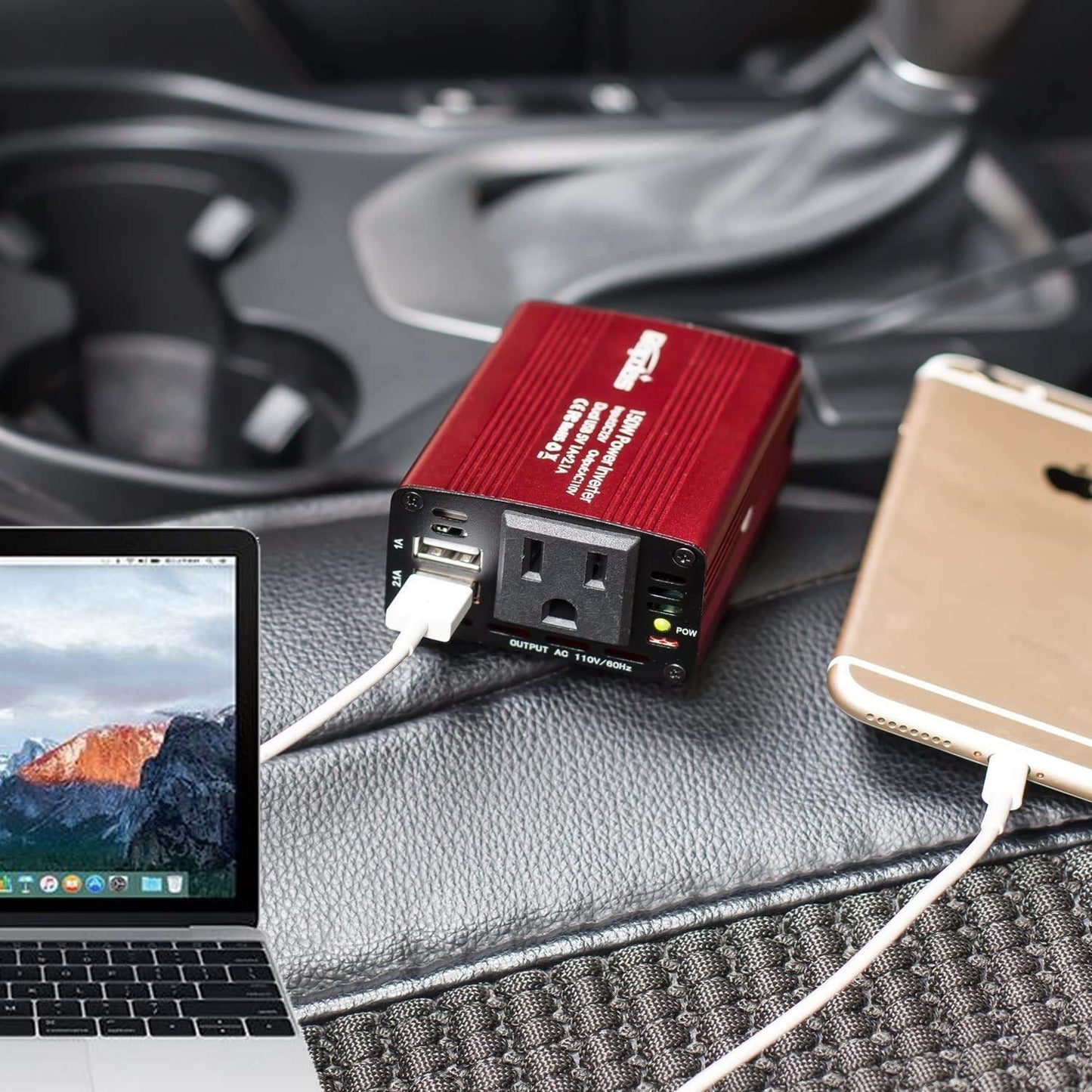 150W Car Power Inverter with DC 12V to 110V AC Outlet Converter and Dual USB Ports - Auto Charger Adapter for Laptops and Smartphones (Red)
