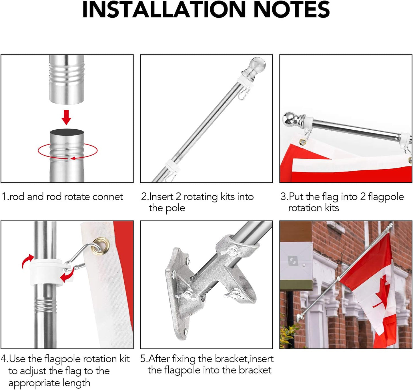 6FT Canada Flag Pole with Mounting Bracket and 3' x 5' Canada Flag - Ideal for House Porch & Outdoor Use, Featuring 360° Tangle Resistant Technology and Wall Mount Flag Pole Kit (Silver)