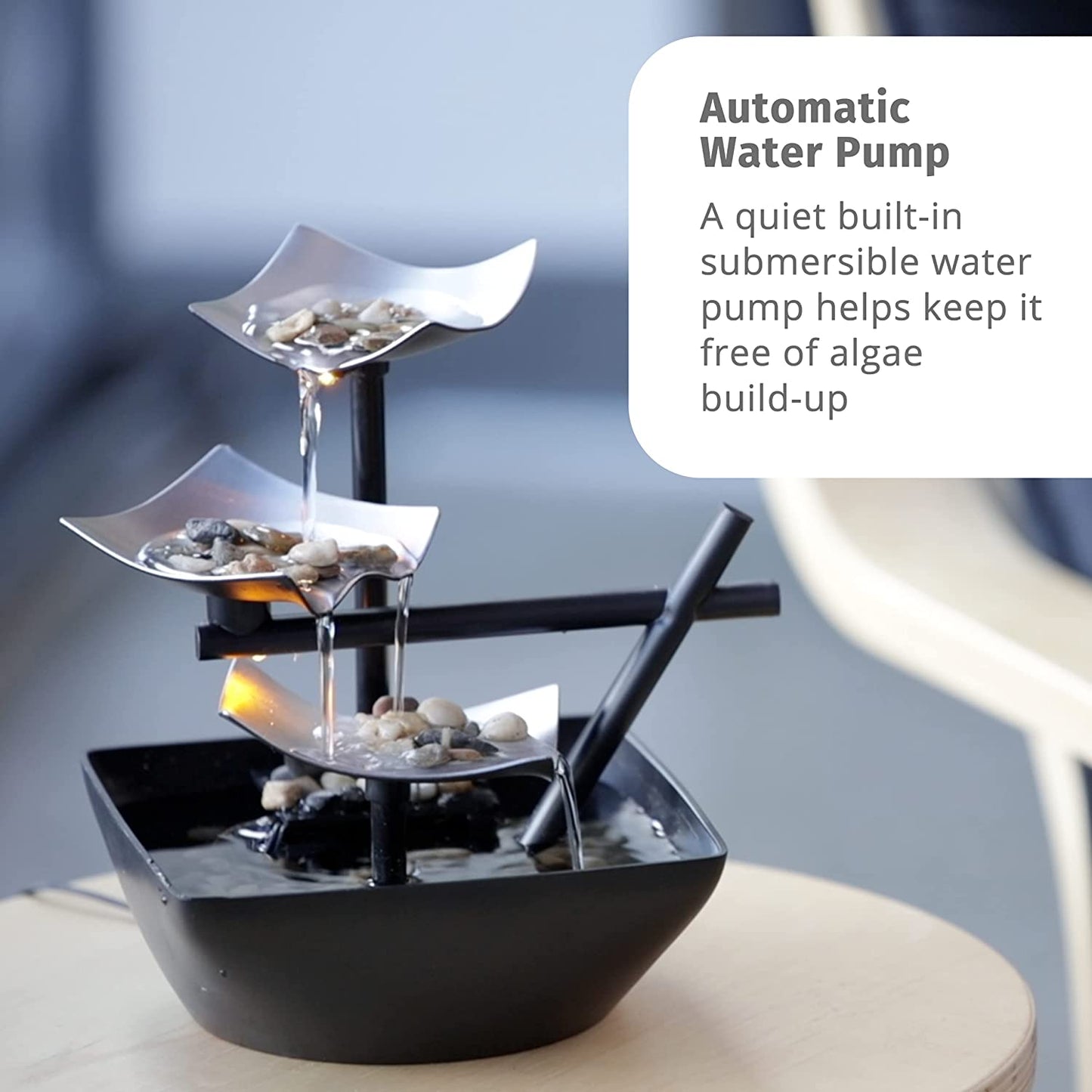 Indoor 3-Tier Tabletop Fountain Automatic Pump with Power Switch, Extra Deep Basin with Natural River Rocks and Reflective Lighting Feature, EnviraScape Silver Springs