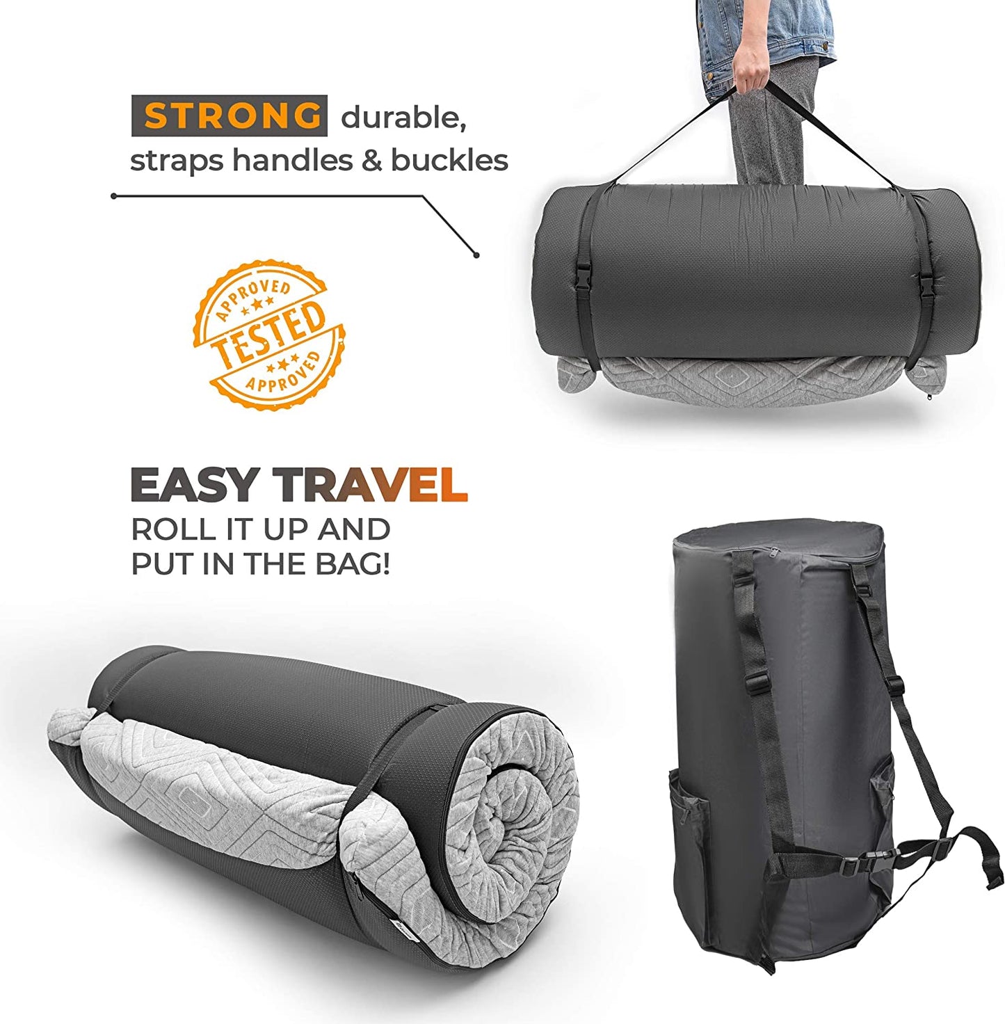 Portable Roll-Up Travel Mattress - Features CertiPUR-US 3” Cooling Gel Infused Memory Foam Sleeping Pad, Ideal for Camping, Car Trips, and as a Bed Topper; Includes Waterproof Cover, Carry Bag; Suitable for Kids, Cots, Singles, and Twins.