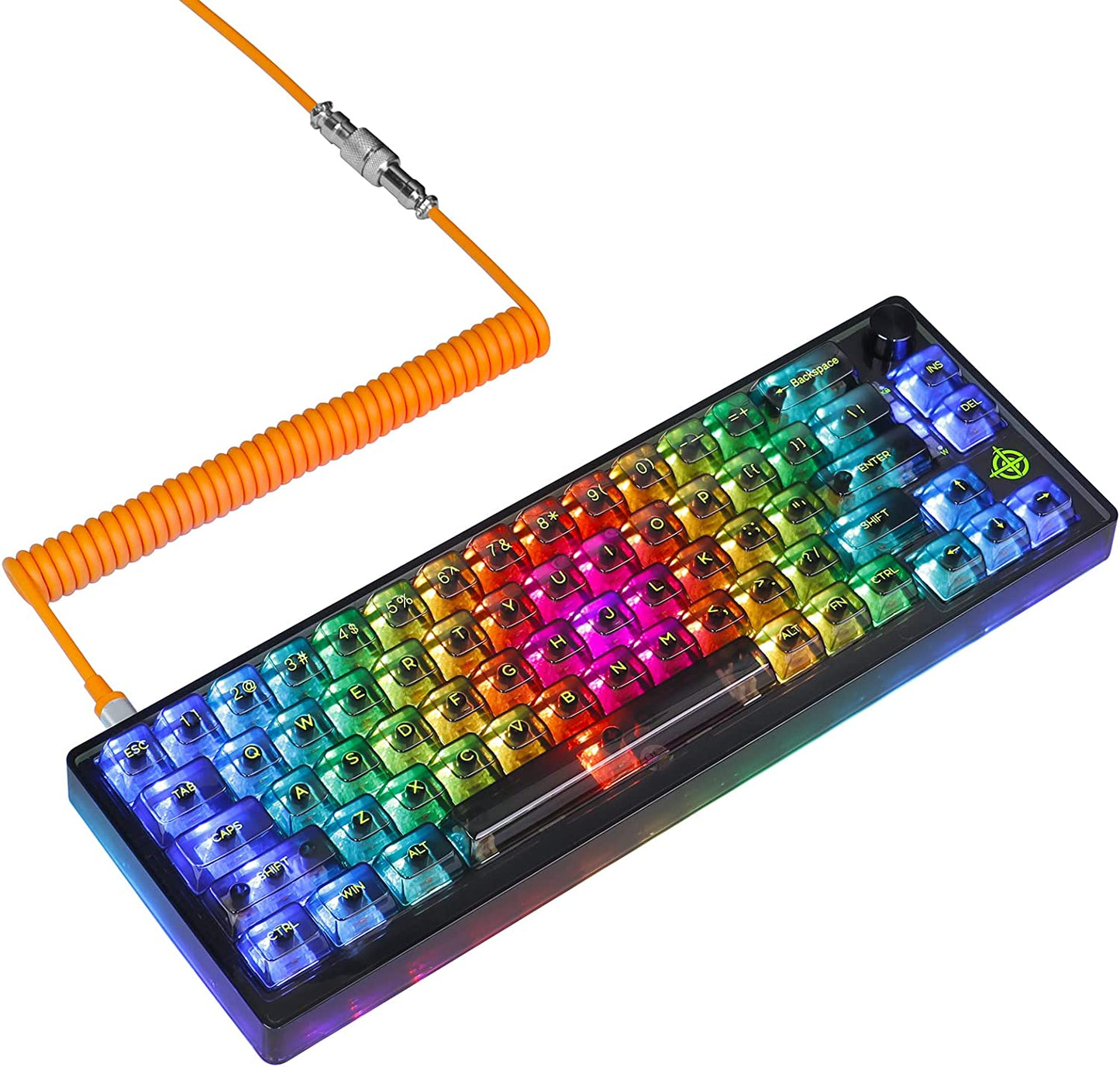 65% Wired Mechanical Gaming Keyboard - Hot-Swap and Programmable, featuring Transparent 66 Key Full Side RGB, OWERTY Linear Ice White Switch, Custom Coiled USB-C Cable, Media Knob, and 2-IN-1 Case. Compatible with Win, PC, and Mac Black