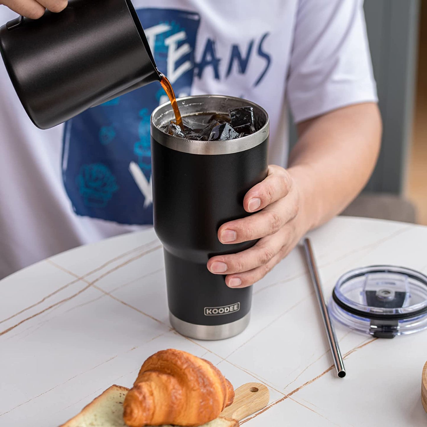 30 oz Tumbler: Vacuum Insulated Coffee Cup with Double Wall, Sip Lid, Straw Lip, 2 Straws, Straw Brush, and Handle - Matte Black