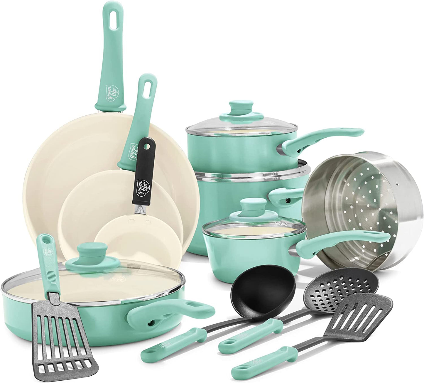 Soft Grip Ceramic Nonstick Cookware Set, 16-Piece, PFAS-Free, Dishwasher Safe, Turquoise