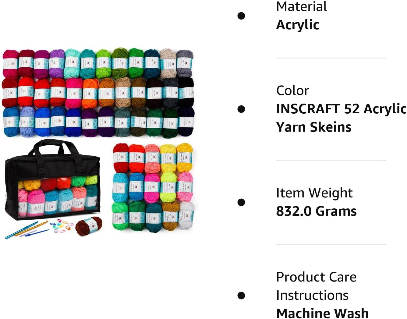 2080 Yards Crochet Yarn 52 Acrylic Yarn Skeins, Storage Bag Includes 6 E-Books, 2 Crochet Hooks, 2 Weaving Needles, 10 Locking Stitch Markers for Crochet & Knitting