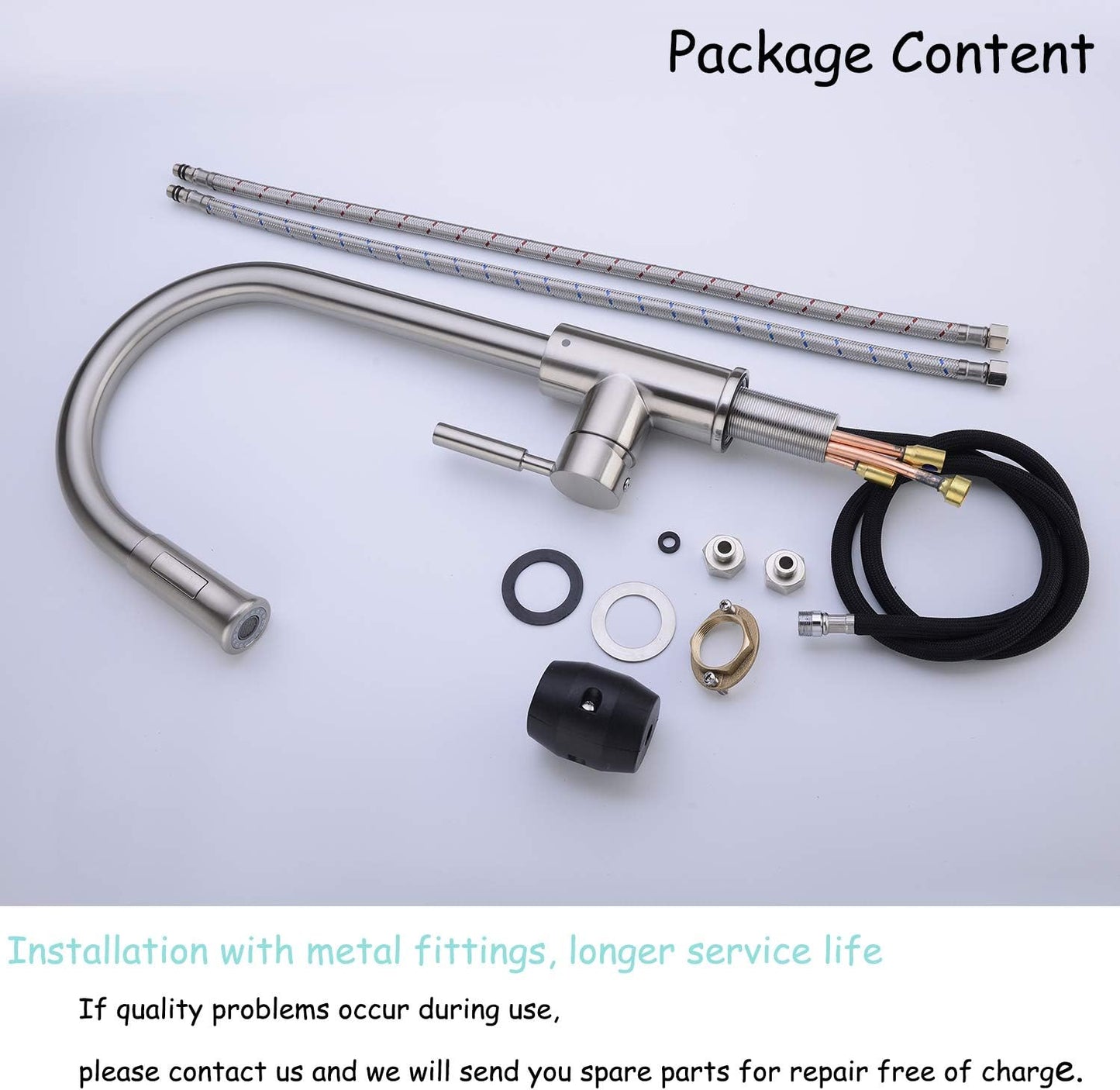 Brushed Nickel RV Kitchen Sink Faucet: A Single Handle High Arc Kitchen Faucet with a Pull Down Sprayer. Made from Solid Brass and designed for RV sinks and laundry rooms.