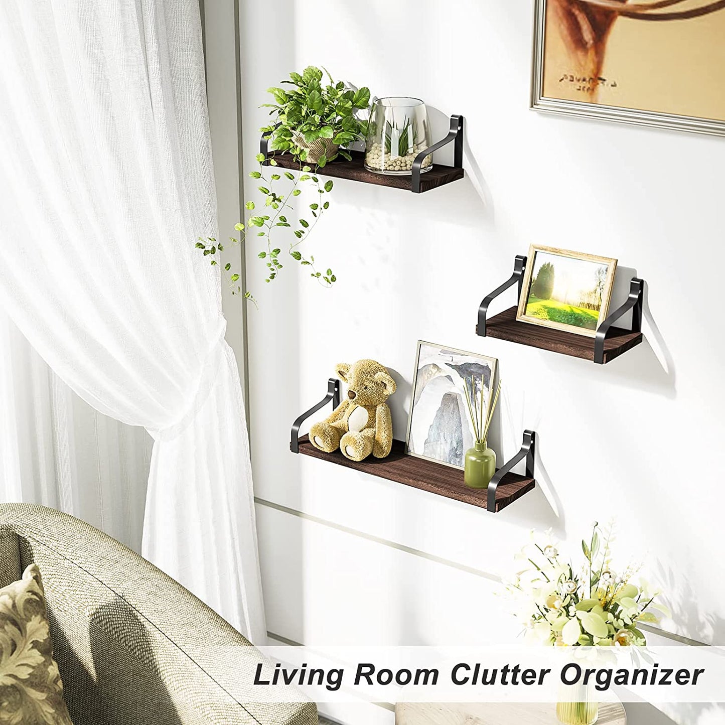 Set of 3 Floating Shelves - Wall Mounted - Rustic Wood Design - Ideal for Bedroom, Living Room, Bathroom, Kitchen, Office, and More - Color: Dark Walnut - Offers Stylish Wall Storage.