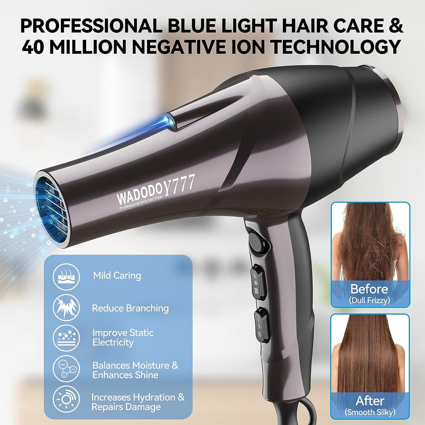 Professional Hair Dryer - 2200W Ionic Blow Dryer with Blue Ray Hair Care, Powerful AC Motor, Fast Drying, Constant Temperature, Low Noise; Suitable for Curly Hair, Ideal for Women and Men, Black Design.