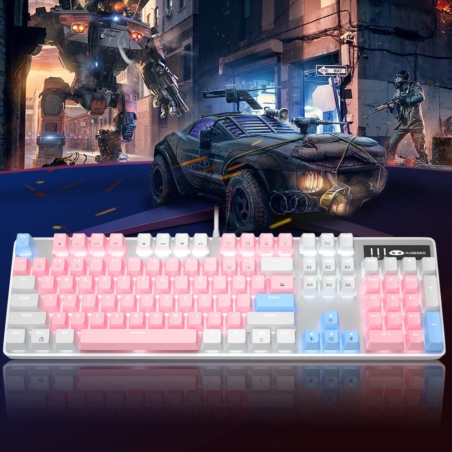 Mechanical Gaming Keyboard, New Upgraded 104 Keys White LED Backlit Keyboard with Blue Switches. USB Wired Mechanical Gaming Keyboard for Computer Laptop PC Gamers White and Pink