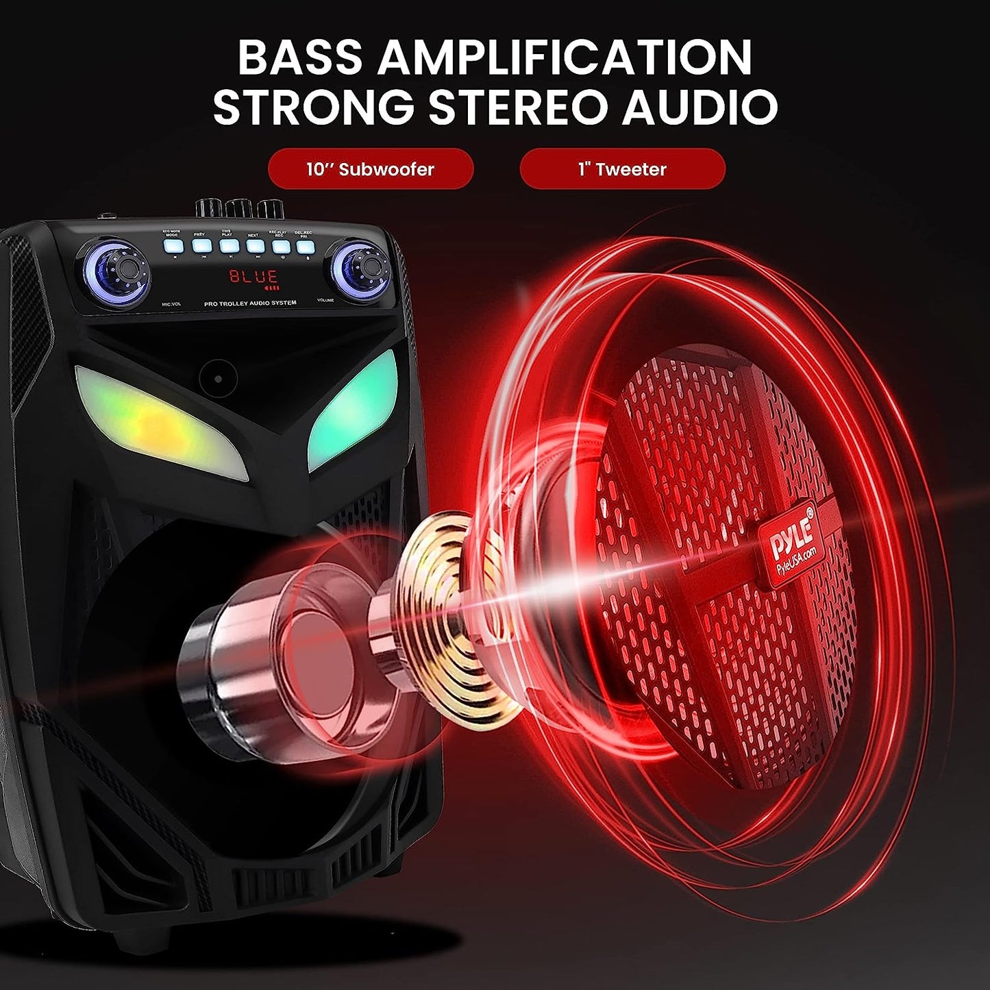 Portable Bluetooth PA Speaker System - A 600W 10-Inch Outdoor Bluetooth Speaker that comes with 2 Wireless Microphones, Party Lights, USB and SD Card Reader, FM Radio, Rolling Wheels for easy transport, and a Remote Contro
