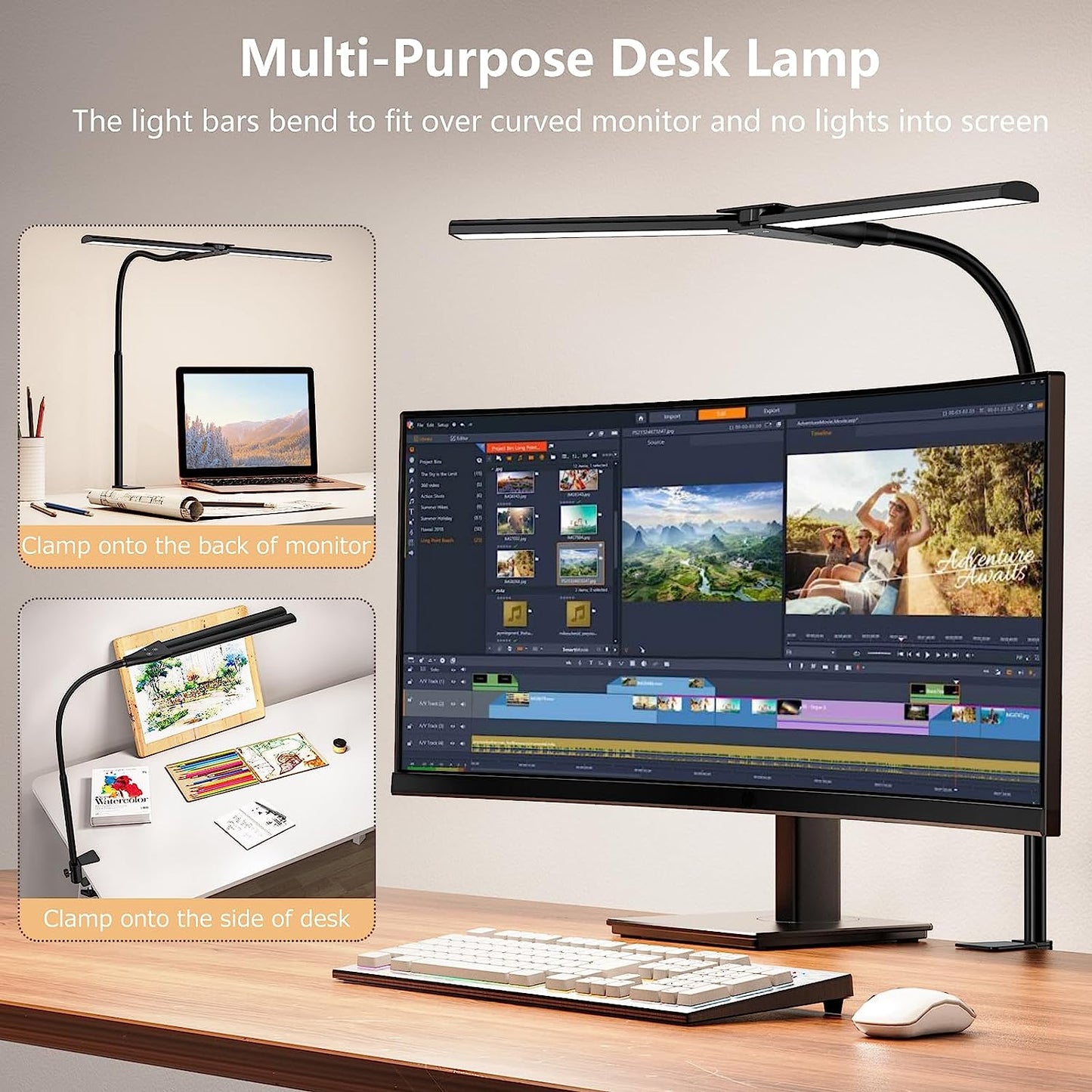 Double-Head LED Desk Lamp for Home Office, Extra Bright Workbench and Office Lighting, Eye Protection Modern Desk Light for Monitor, Studio Work, Reading, 1200 Lumens