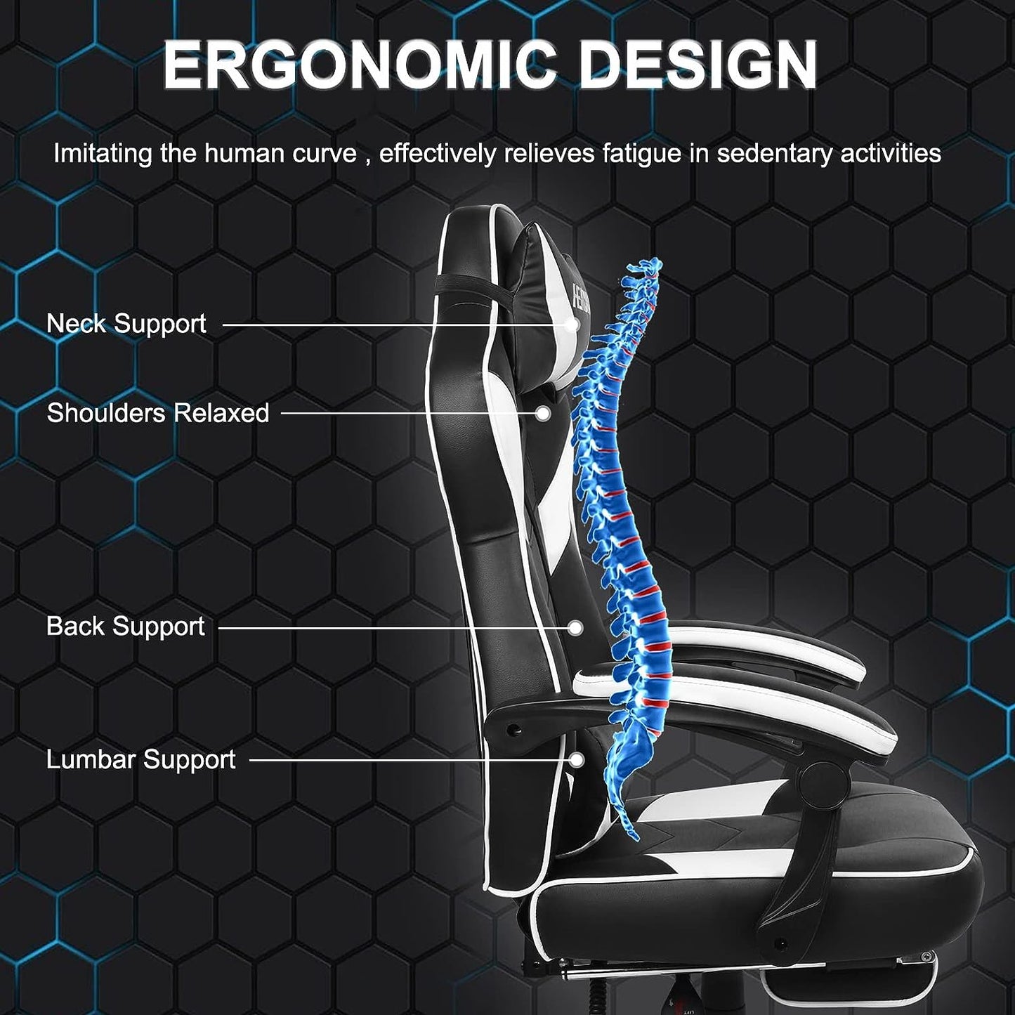 Gaming Chair with Footrest - Office Chair with Lumbar Support and Headrest - Height Adjustable - 360° Swivel Seat - Black and White Design.
