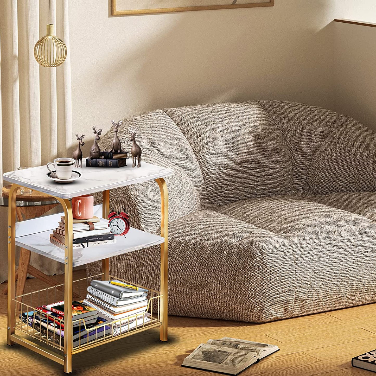 3-Tier White Marble End Table: Industrial Retro Style Nightstand with Storage Shelf - Ideal for Living Room, Bedroom, Kitchen, Family Room, and Office - Sturdy Wood and Metal Frame