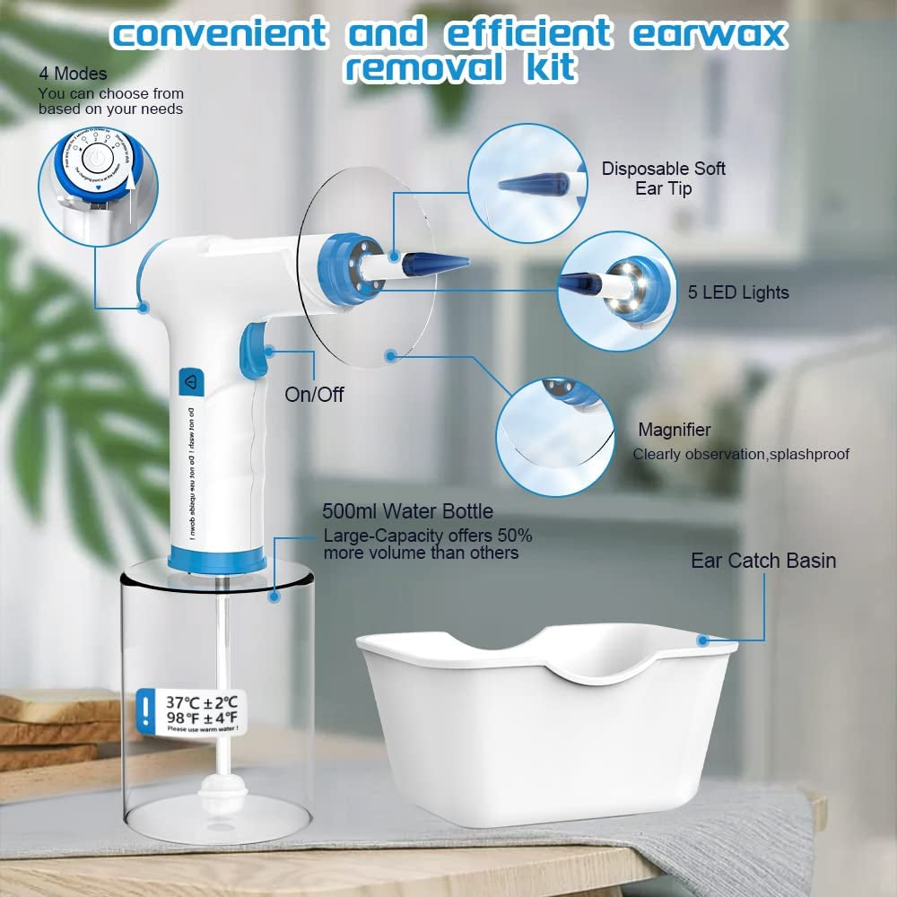 Ear Wax Removal Kit, Rechargeable Ear Irrigation System, and Effective Clean Ear, Features Disposable Tips & Ear Catch Basin (9+1 Disposable Tips)