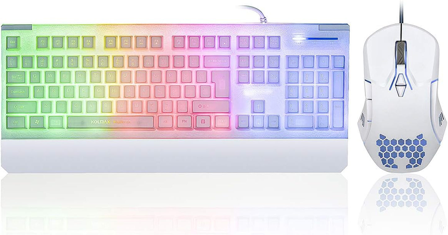 Gaming Keyboard and Mouse Combo in White - Features Colorful Lights with Rainbow LED Backlit Keyboard, Ergonomic Detachable Wrist Rest, and a Programmable 3200 DPI 7-Button Gaming Mouse, Suitable for Windows PC, Mac, Office, and Gaming Use.
