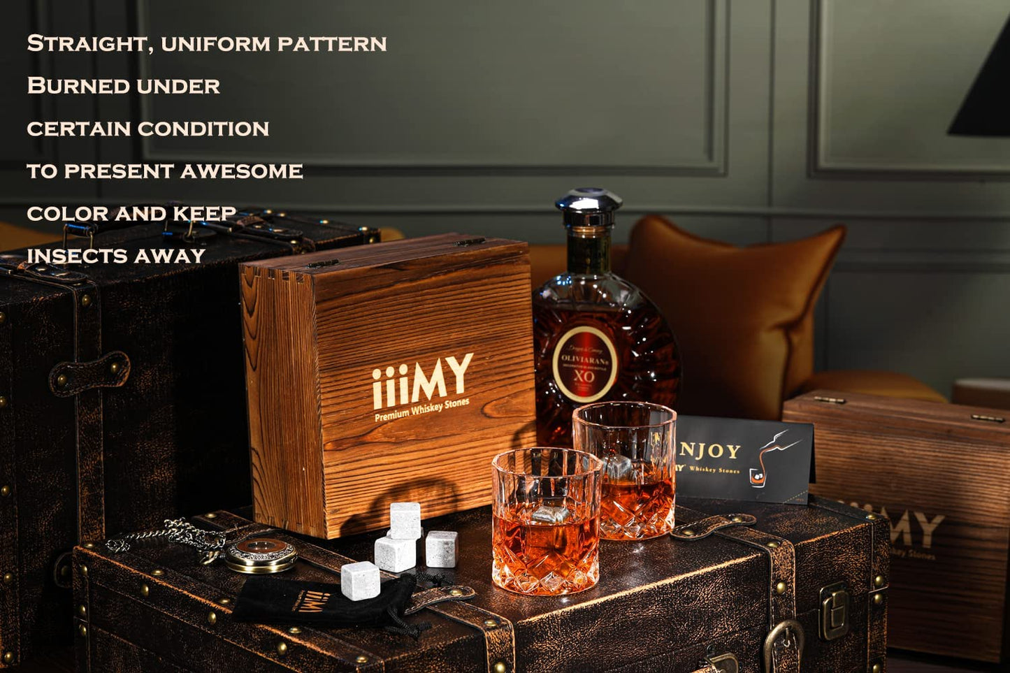 Premium Whiskey Stones and Glasses Gift Set in Handmade Wooden Box - Enhance the Flavor of Your Drinks without Dilution - Set of 2 Whiskey Glasses
