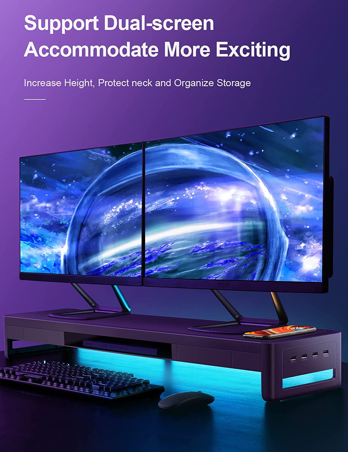 3 In 1 Dual Monitor Stand Riser with Drawers, USB Ports, and Data Transfer Support - Metal Computer Monitor Stand for Enhanced Organization and Device Connectivity - Suitable for PC, Laptop, and iMac