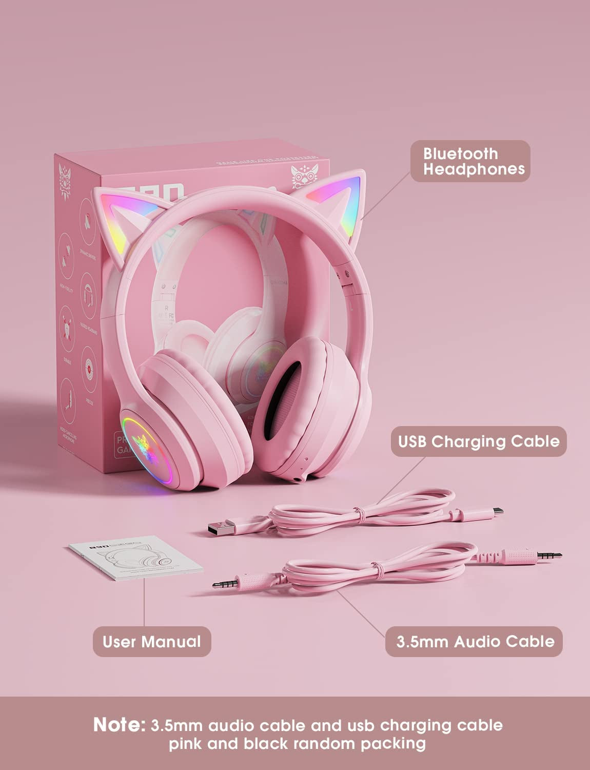 Cat Ear LED Light up Bluetooth Kids Headphones: Wireless Foldable Over-Ear School Headphones with Microphone, 85dB Volume Limiting, HI-FI Sound, for iPhone/iPad/Laptop/PC, Toddlers Study Headphones