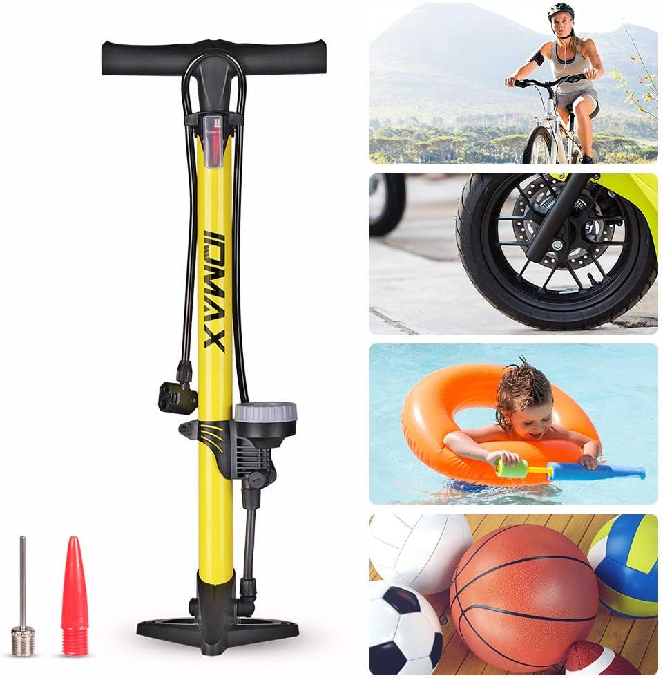 Ergonomic Bike Floor Pump - Portable Bicycle Tire Inflator with Gauge & Smart Valve Head - Compatible with Universal Presta and Schrader Valve - Yellow & Black Design.