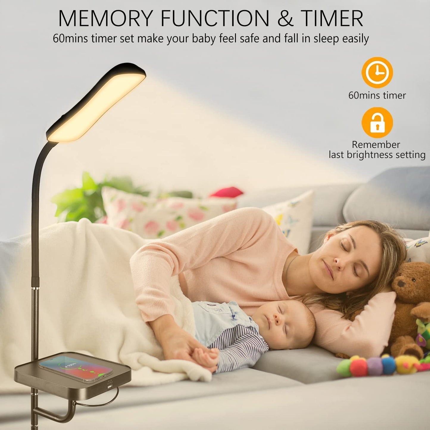 Floor Lamp with Wireless Charger, Flexible Gooseneck Standing Lamp with Timer & Memory Function, 4 Brightness Levels & 4 Colors Dimmable (2700K-6500K) for Home Office Living Bed Room Reading