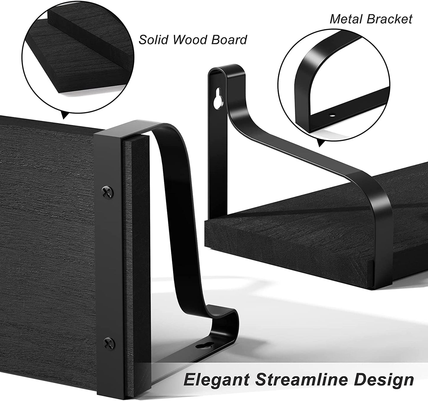 Set of 3 Floating Shelves - Wall Mounted - Rustic Wood Design - Suitable for Bedroom, Living Room, Bathroom, and Kitchen - Color: Black - Adds Stylish Wall Storage.
