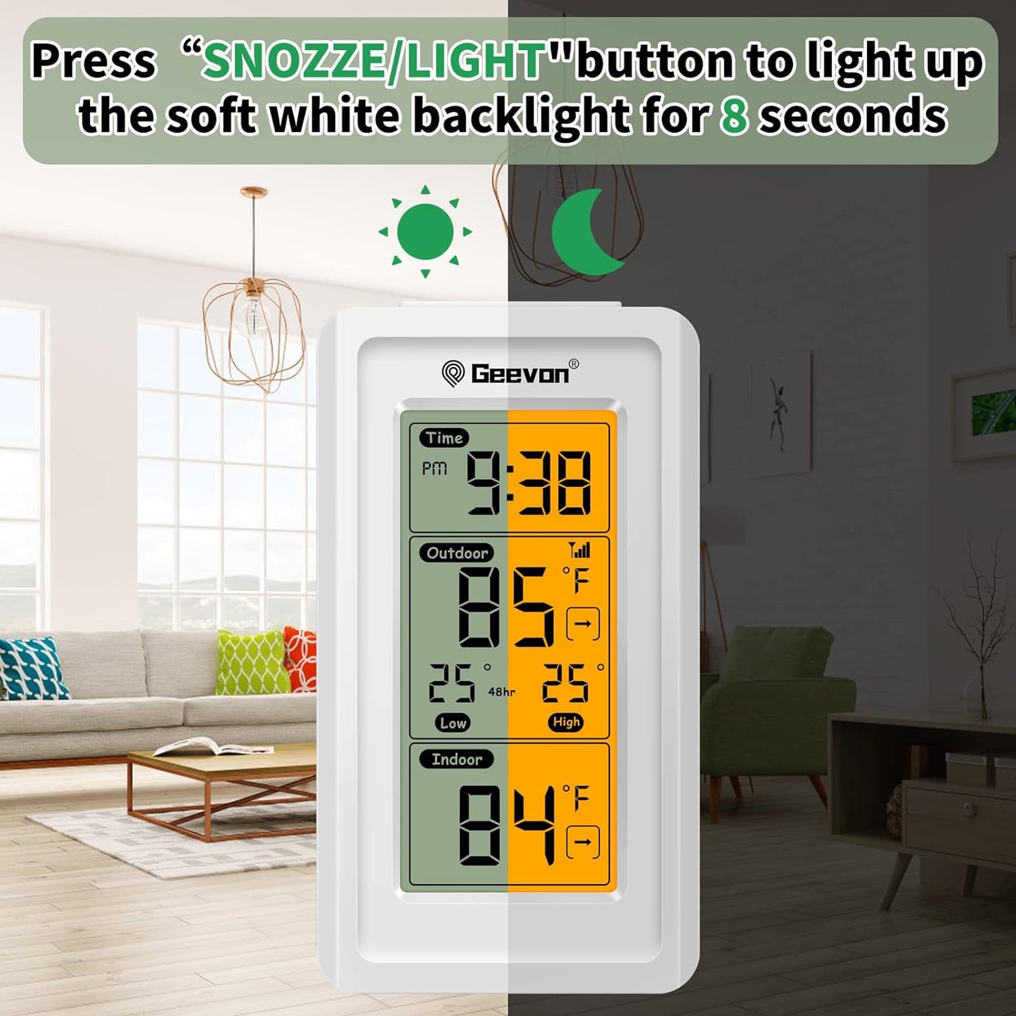 Wireless Digital Indoor Outdoor Thermometer with Time, Temperature Gauge, High/Low Readings, and 200ft/60m Range Temperature Monitoring