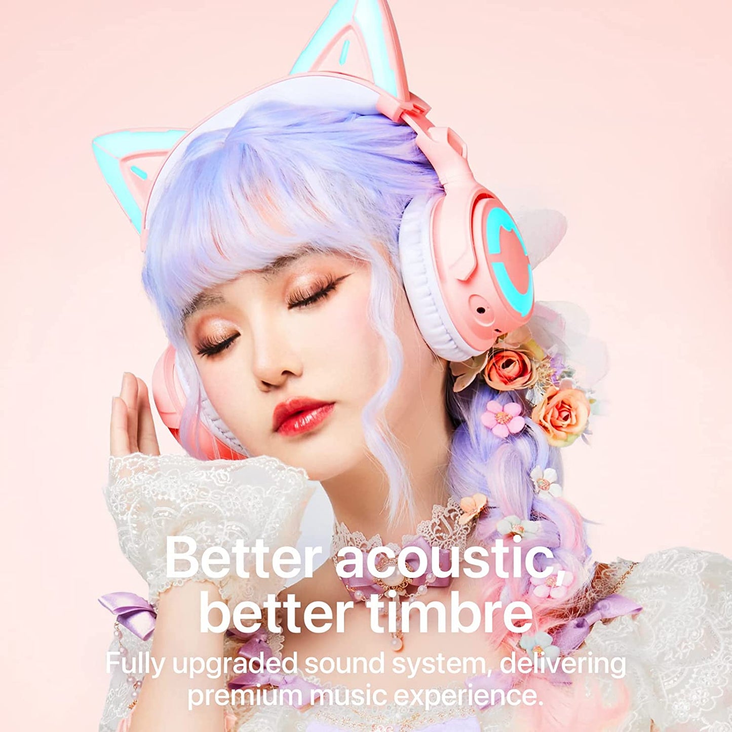 Pink RGB Cat Ear Headphone 4: Upgraded Wireless & Wired Gaming Headset with Attachable HD Microphone. Features Active Noise Reduction, Dual-Channel Stereo, and Customizable Lighting and Effects via APP.