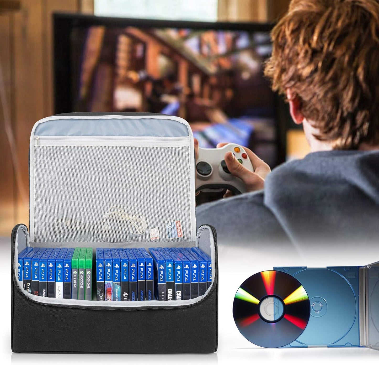 Patented Design Game Disc Case - Portable Storage Bag for Xbox and PlayStation Gaming Disks - Holds Up to 24 Discs