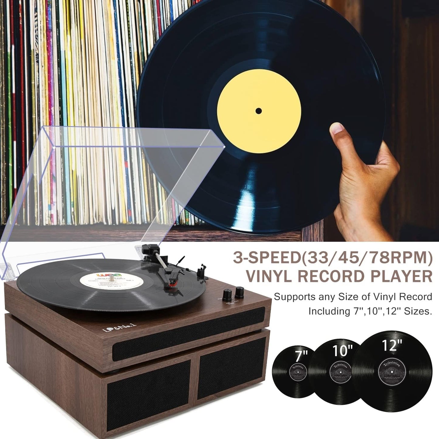 Wireless Record Player with Stereo Bookshelf Speakers - A Vinyl Record Player that supports Bluetooth, features Auto-Stop, and comes in a Walnut Wood design.