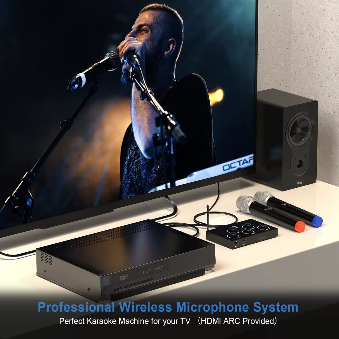 Portable Karaoke Microphone Mixer System Set, with Dual UHF Wireless Mic, HDMI-ARC/Optical/AUX & HDMI in/Out in Singing Receiver for Smart TV, PC, KTV, Home Theater, Amplifier, Speaker