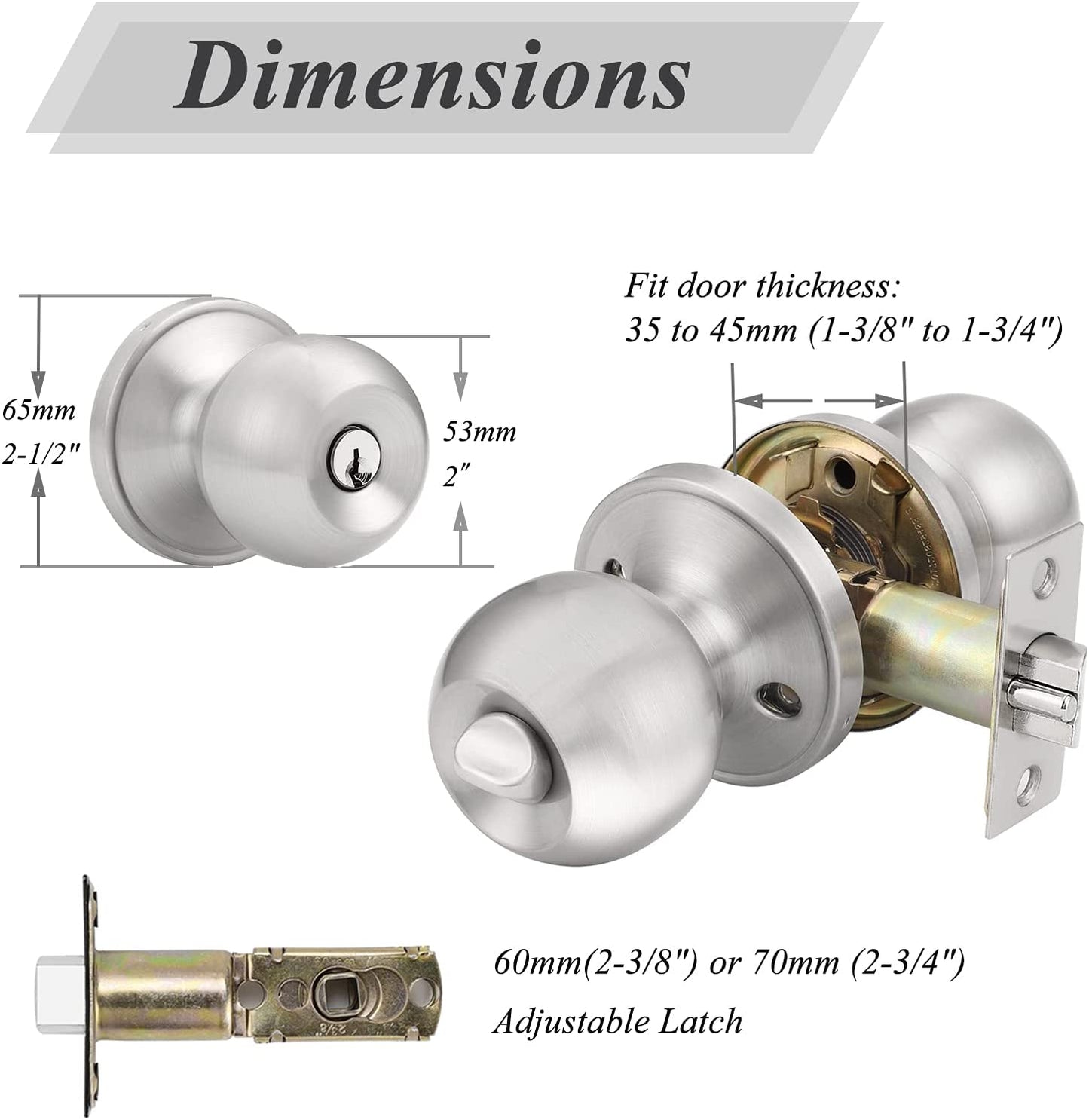 Set of 2 Keyed Alike Entry Door Knobs with Lock and Key - Ball Door Knob Handles with a Brushed Nickel Finish, Ideal for Entrance Door Locksets.