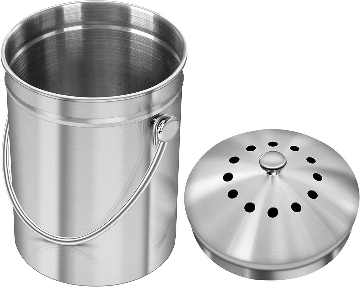 Stainless Steel Kitchen Compost Bin with Lid and Spare Charcoal Filter, 1.3 Gallon Capacity - Silver