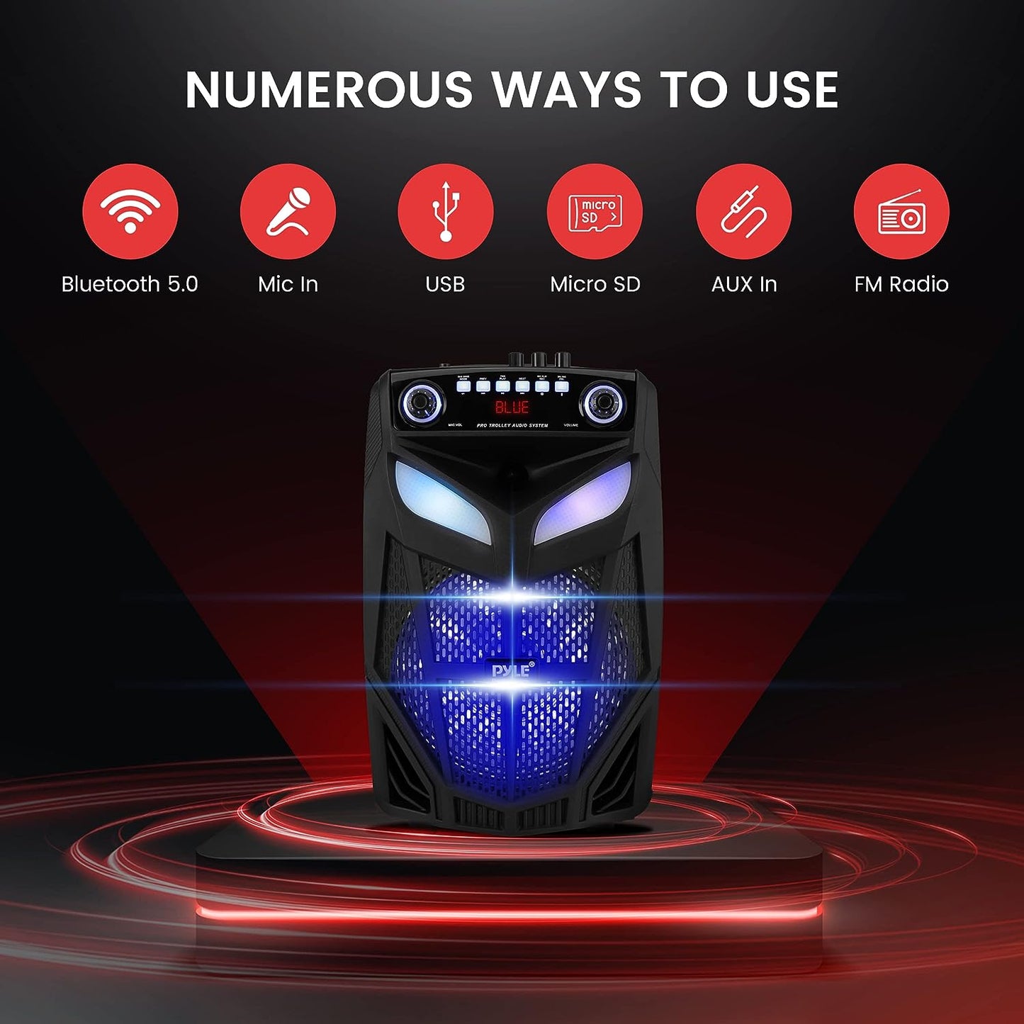 Portable Bluetooth PA Speaker System - A 600W 10-Inch Outdoor Bluetooth Speaker that comes with 2 Wireless Microphones, Party Lights, USB and SD Card Reader, FM Radio, Rolling Wheels for easy transport, and a Remote Contro