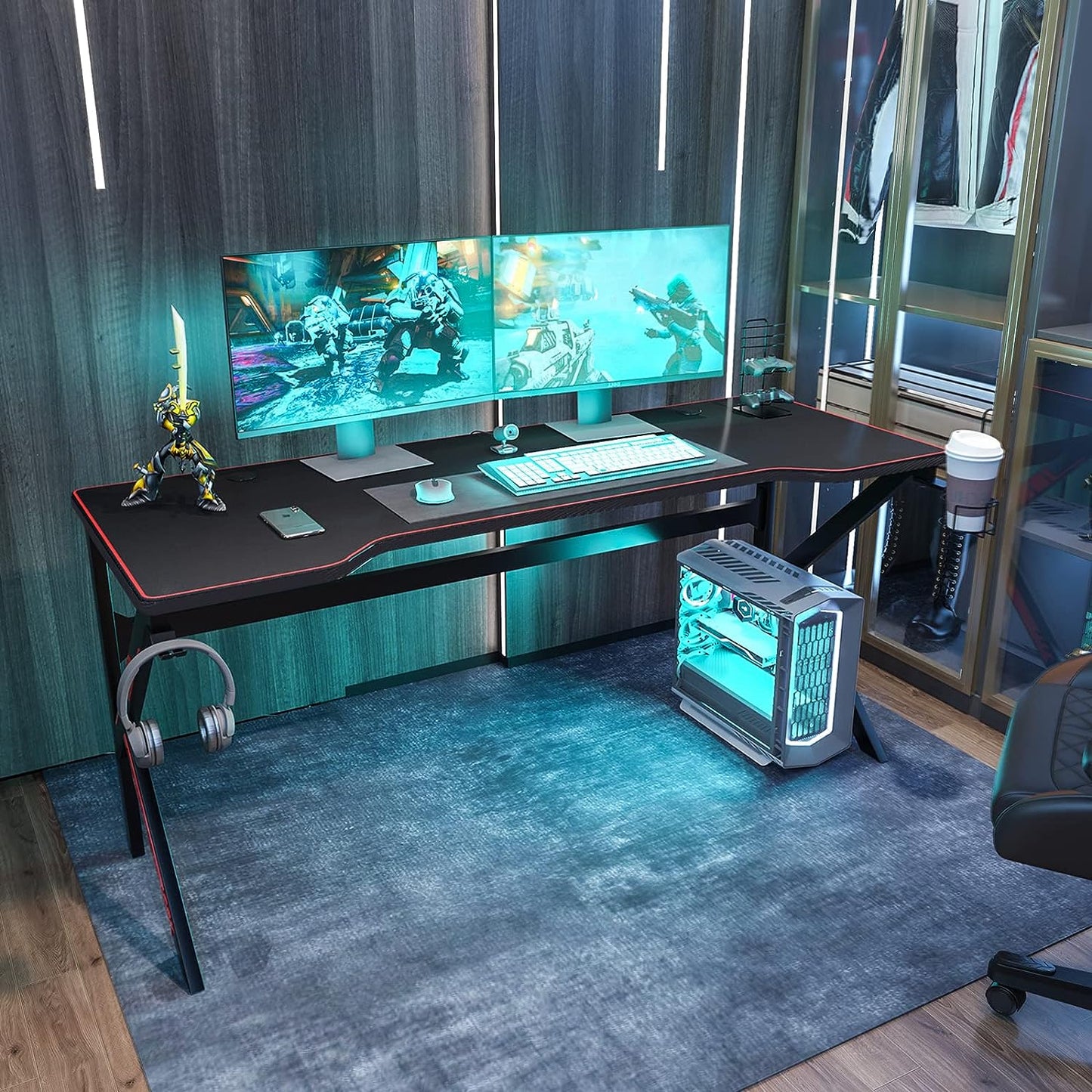 63-inch Gaming Desk with Full-Cover Mouse Pad - Large Workstation for Gamers and Office Use - Comes with Full-Cover Mouse Pad - Color: Black