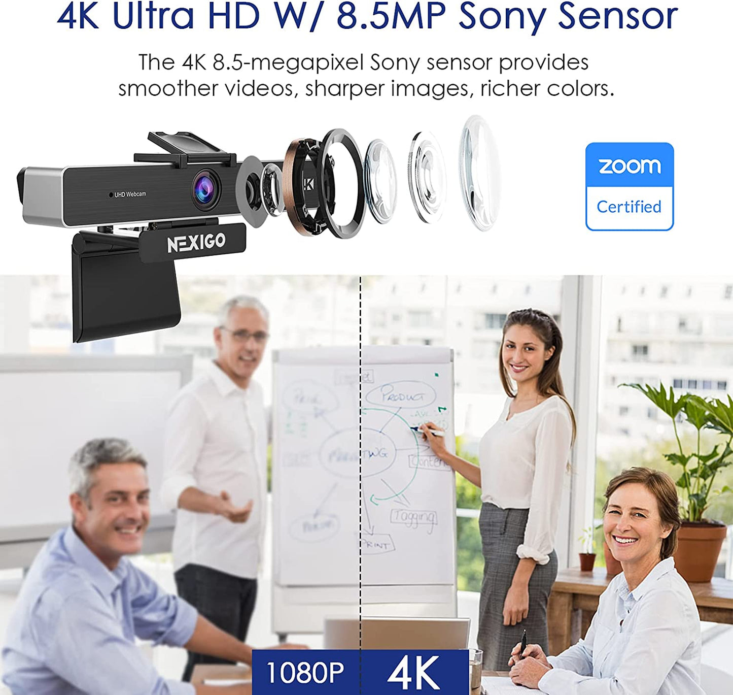 Zoom-Certified 4K Webcam with Remote Control and Sony Starvis Sensor - 5X Digital Zoom, Dual Stereo Mics - Perfect for Zoom, Skype, Teams, Twitch