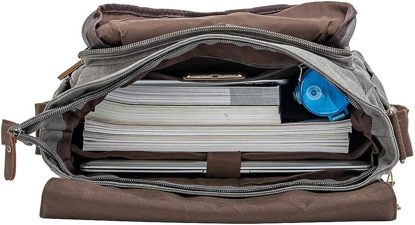 Vintage Genuine Leather and Waxed Canvas Briefcase - Large Satchel Shoulder Bag designed to hold Rugged Computer and 15.6" Laptop.