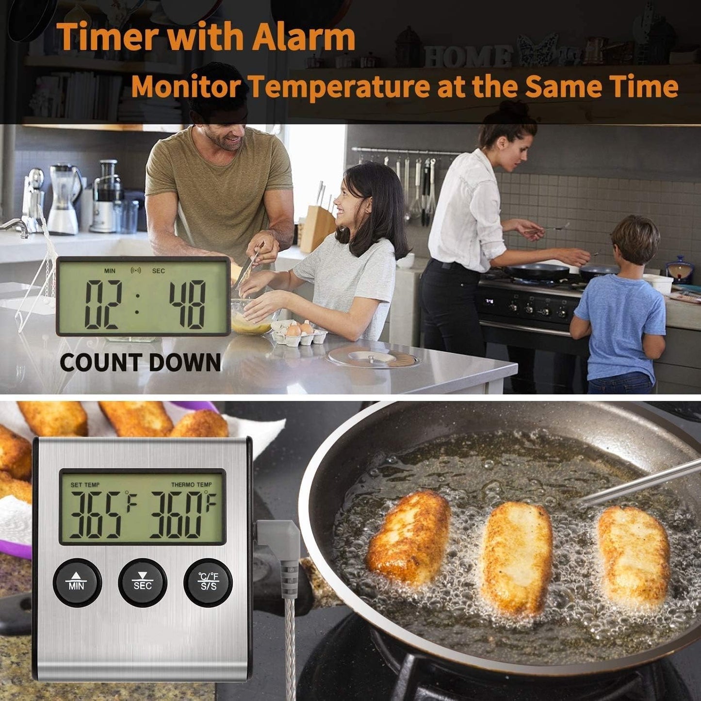 Stainless Steel Digital Cooking Thermometer with Probe and Timer - Large LCD Display - Instant Read Grill/Roasting Thermometer for Smoker, Outdoor Oven, Kitchen, BBQ, and Turkey - Silver Finish