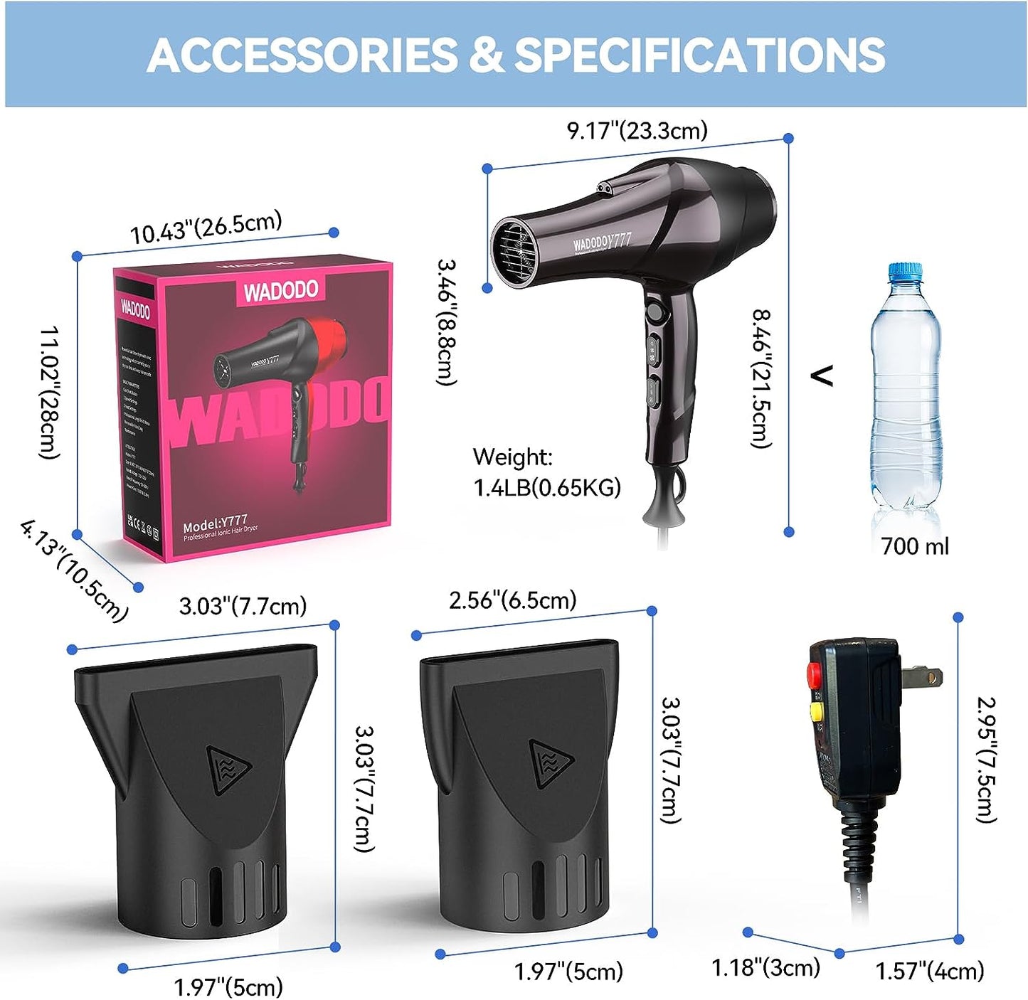 Professional Hair Dryer - 2200W Ionic Blow Dryer with Blue Ray Hair Care, Powerful AC Motor, Fast Drying, Constant Temperature, Low Noise; Suitable for Curly Hair, Ideal for Women and Men, Black Design.