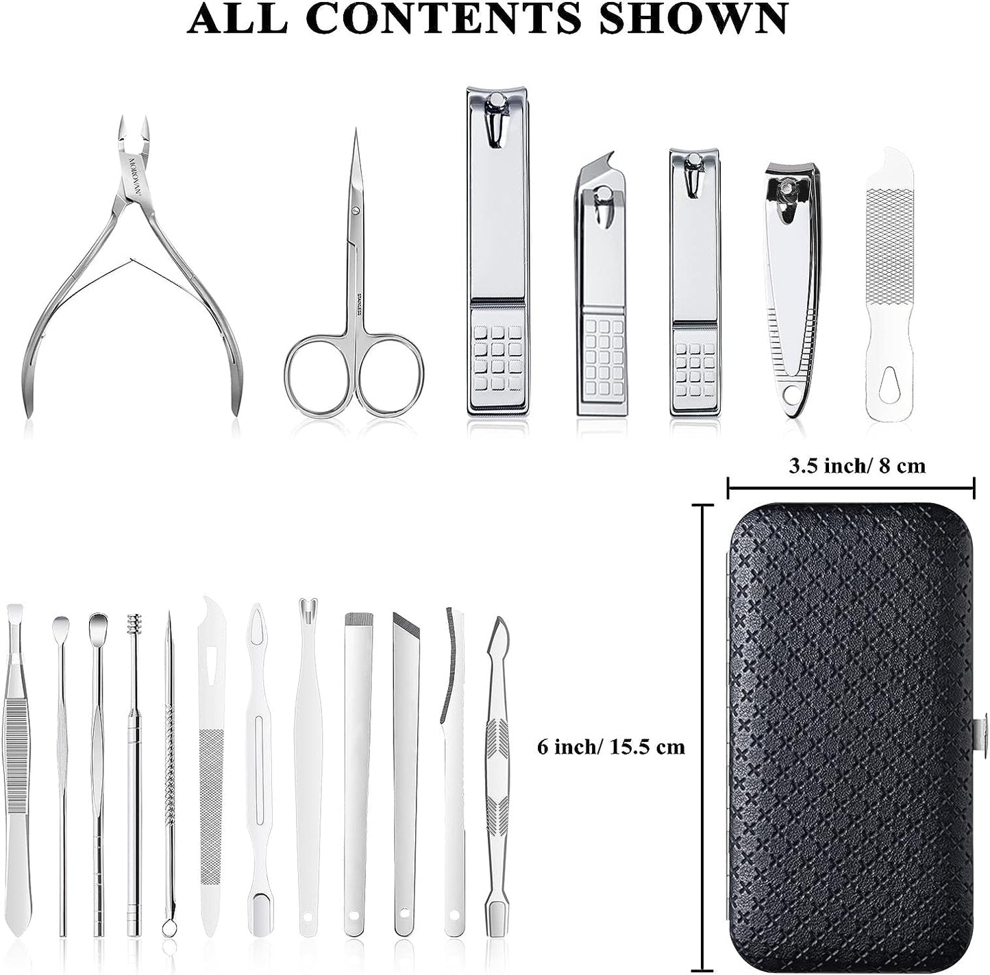 Professional Stainless Steel Manicure Set - Complete Nail Grooming Kit for Women and Men - Travel-friendly (19pcs, Black)