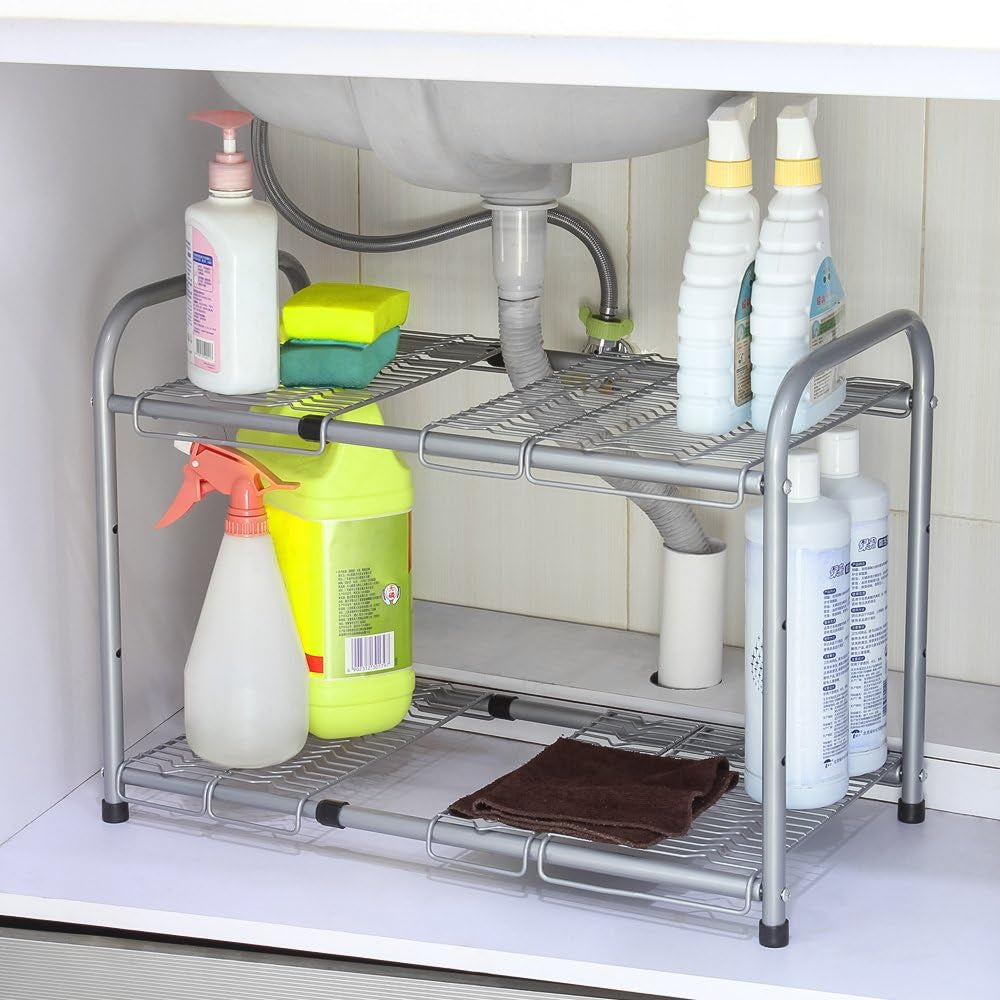 NEX 2 Tier Expandable Kitchen Storage Organizer Under Sink Cabinet Organizer Bathroom Sink Counter Shelf Rack, Metal