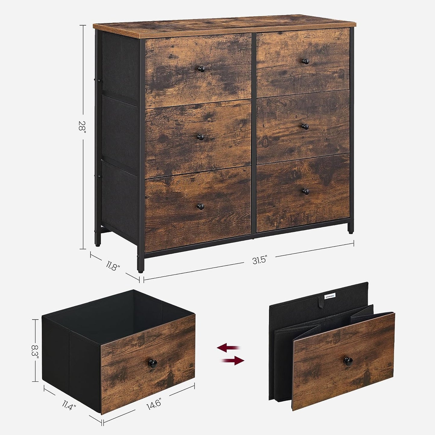 6 Drawer Dresser for Bedroom, Chest of Drawers, Brown and Black