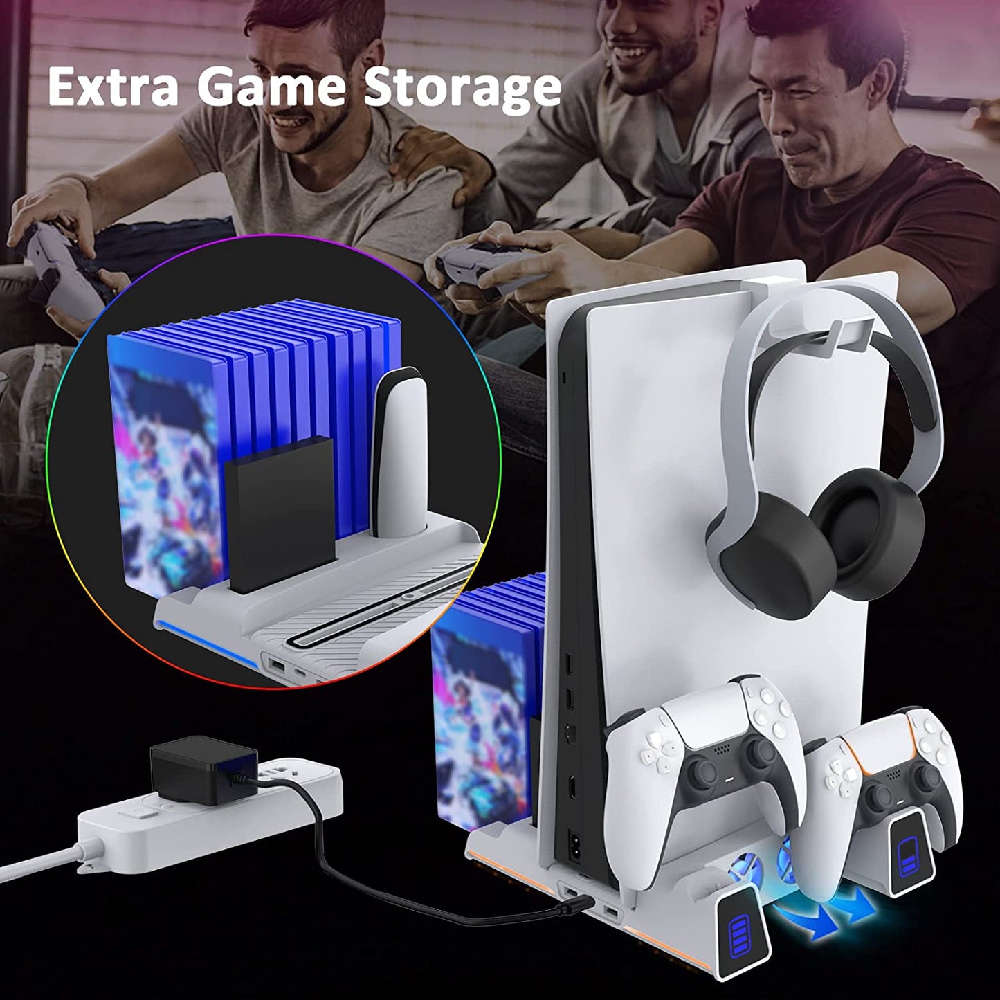 PS5 Silent Cooling Stand with RGB LED Light, Dual Charging Station for Dualsense Edge Controller, Hard Drive Slot, Holders for Headset and Remote, and 10 Game Slots - White