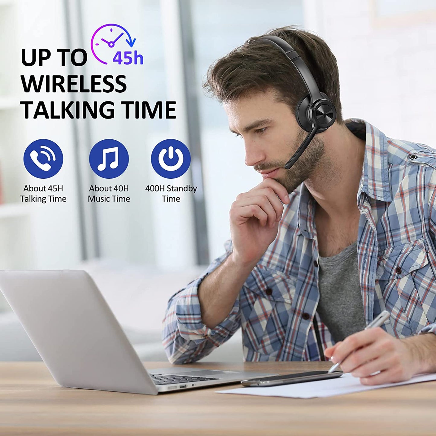 Wireless Headset V5.2 Bluetooth Headphones with Noise Cancelling Microphone, On-Ear Wireless Headset for Cell Phones, Laptop, Computer