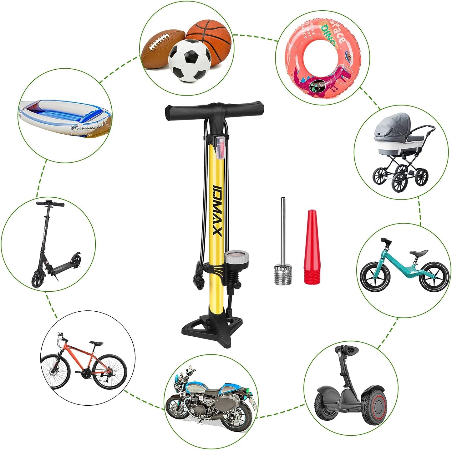 Ergonomic Bike Floor Pump - Portable Bicycle Tire Inflator with Gauge & Smart Valve Head - Compatible with Universal Presta and Schrader Valve - Yellow & Black Design.