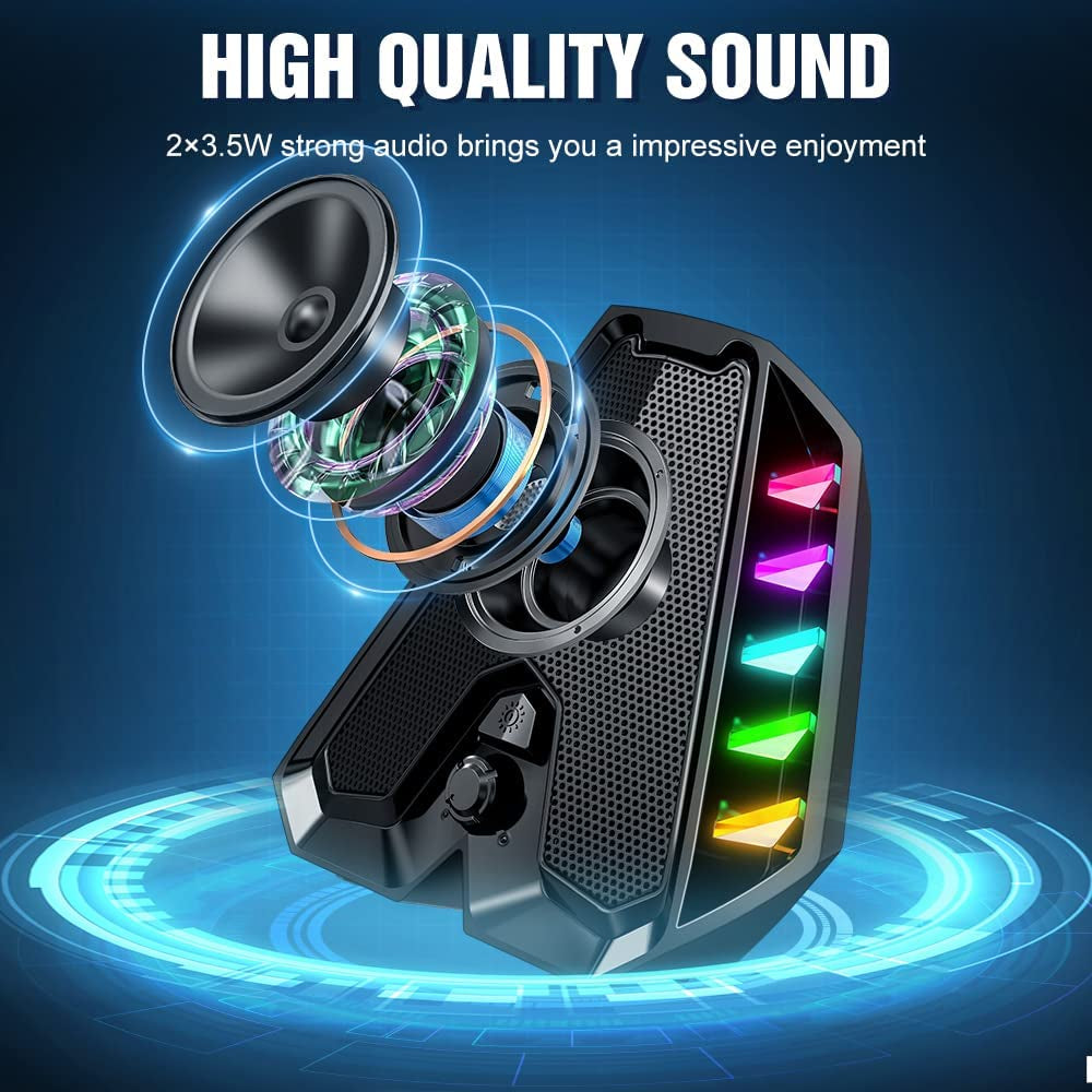 Computer Speakers GS04 RGB PC Wired Speakers with Subwoofer. USB-Powered for Desktop with Bass Diaphragms Stereo. Small Gaming Speakers for PC, Computer, Laptop, Mini Monitor.