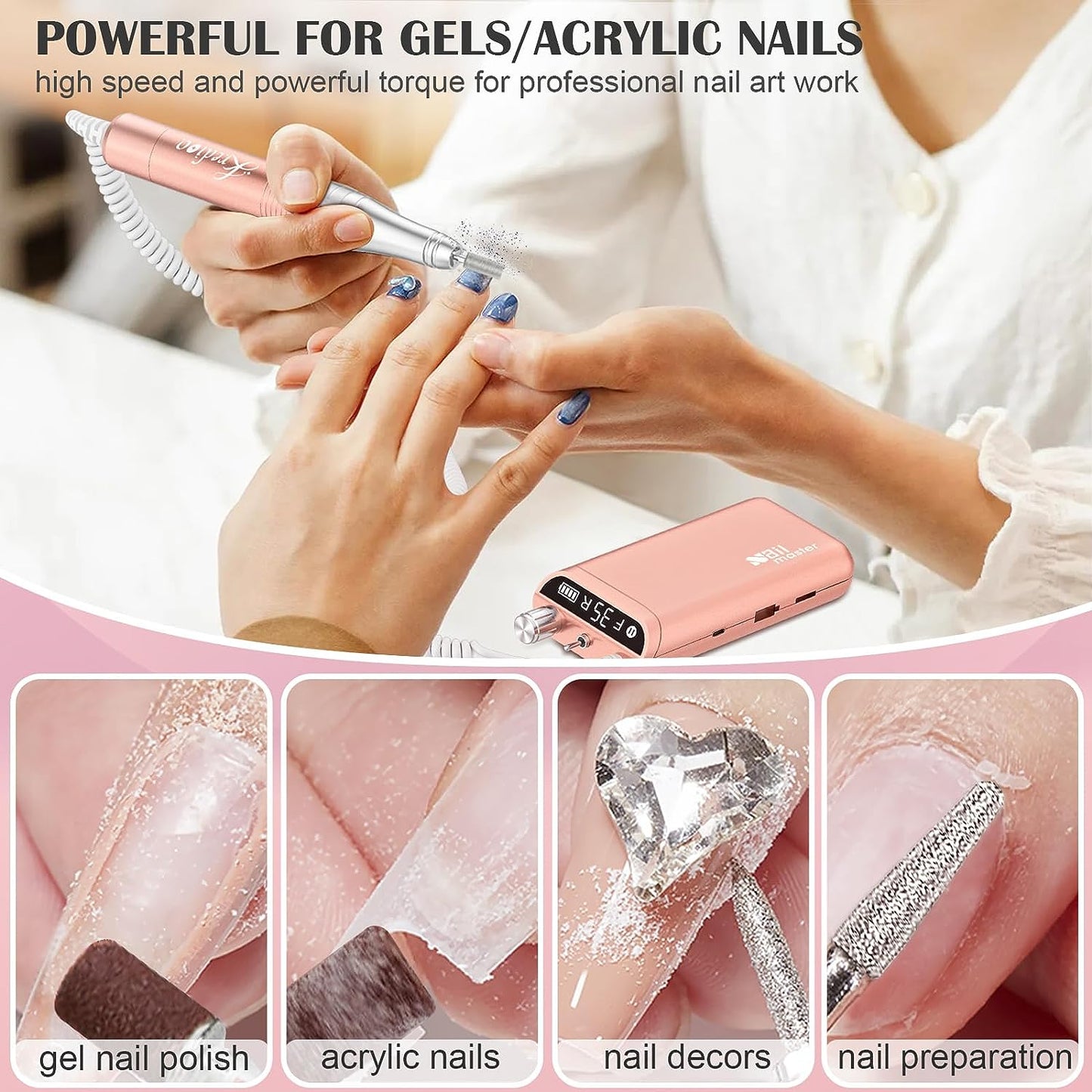 Portable Electric Nail Drill Machine: A Rechargeable, Professional Nail E File Drill with 35000 RPM. Ideal for Acrylic and Gel Nails, Polish Removal, and Nail Shaping. Includes 10 Bits and Sanding Bands, and it comes in a stylish Rose Gold color.